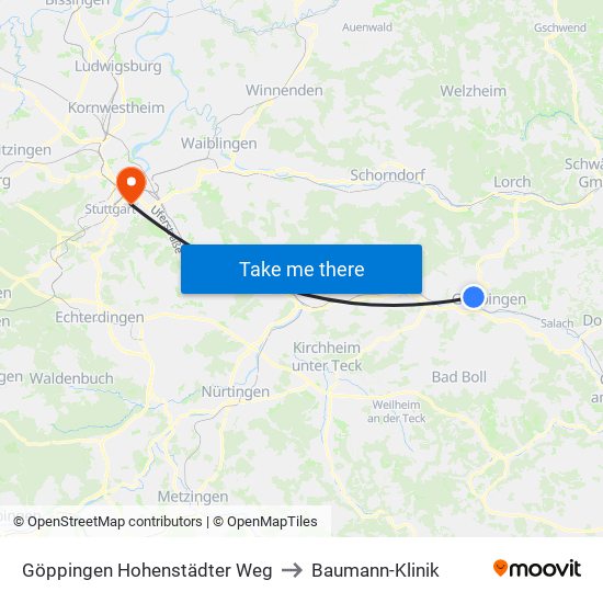 Göppingen Hohenstädter Weg to Baumann-Klinik map