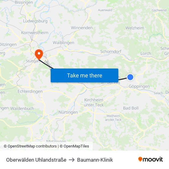 Oberwälden Uhlandstraße to Baumann-Klinik map