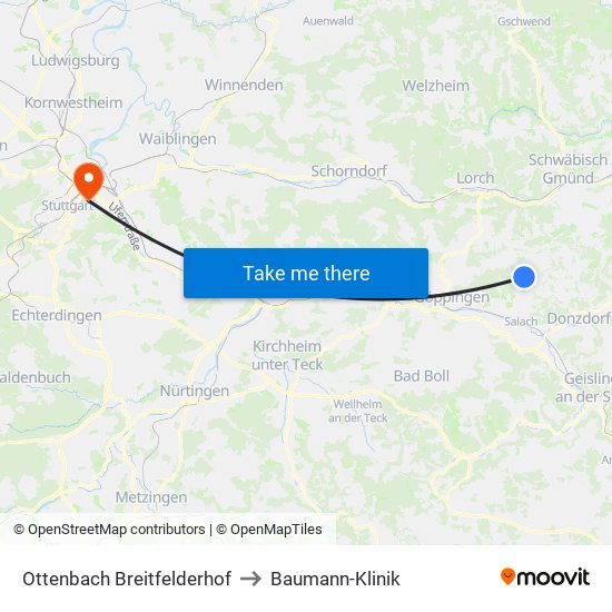 Ottenbach Breitfelderhof to Baumann-Klinik map