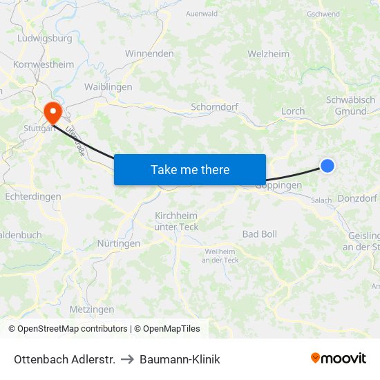 Ottenbach Adlerstr. to Baumann-Klinik map