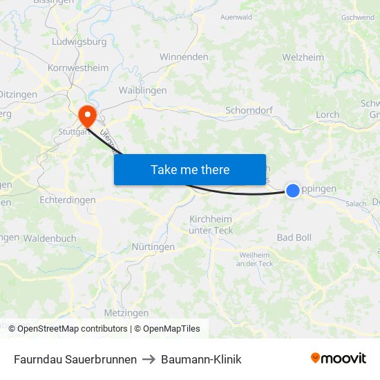 Faurndau Sauerbrunnen to Baumann-Klinik map