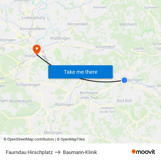 Faurndau Hirschplatz to Baumann-Klinik map