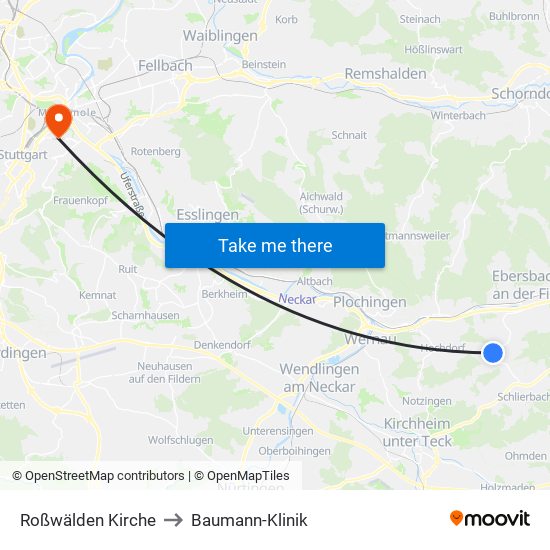 Roßwälden Kirche to Baumann-Klinik map