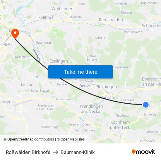 Roßwälden Birkhöfe to Baumann-Klinik map