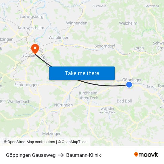 Göppingen Gaussweg to Baumann-Klinik map