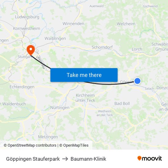 Göppingen Stauferpark to Baumann-Klinik map