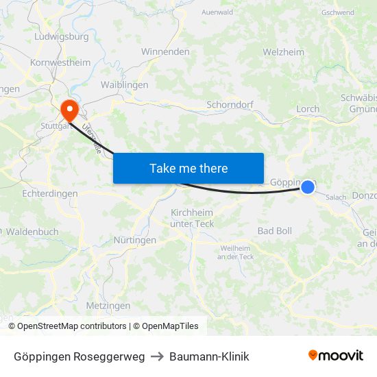 Göppingen Roseggerweg to Baumann-Klinik map