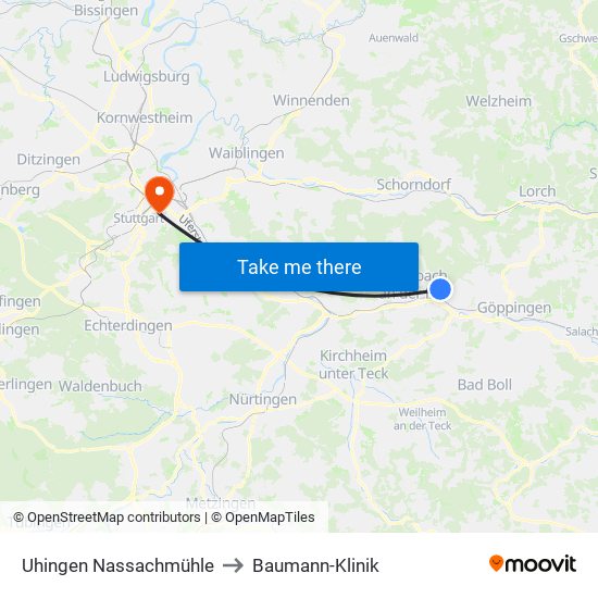 Uhingen Nassachmühle to Baumann-Klinik map