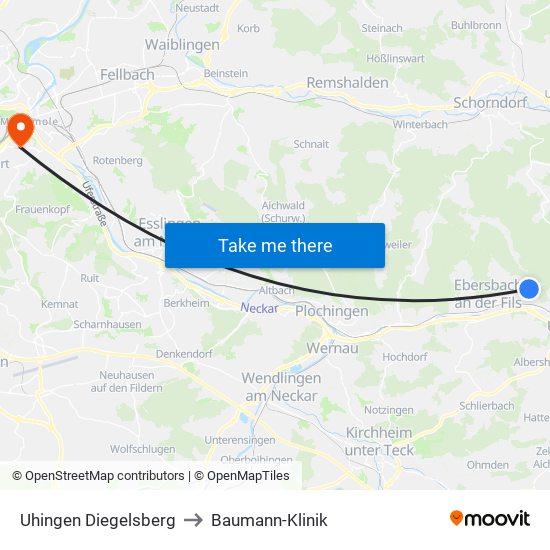 Uhingen Diegelsberg to Baumann-Klinik map