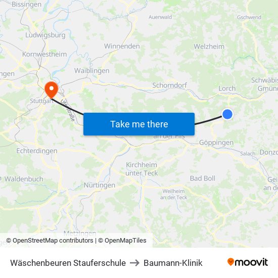 Wäschenbeuren Stauferschule to Baumann-Klinik map