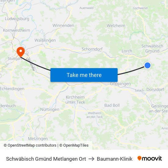 Schwäbisch Gmünd Metlangen Ort to Baumann-Klinik map