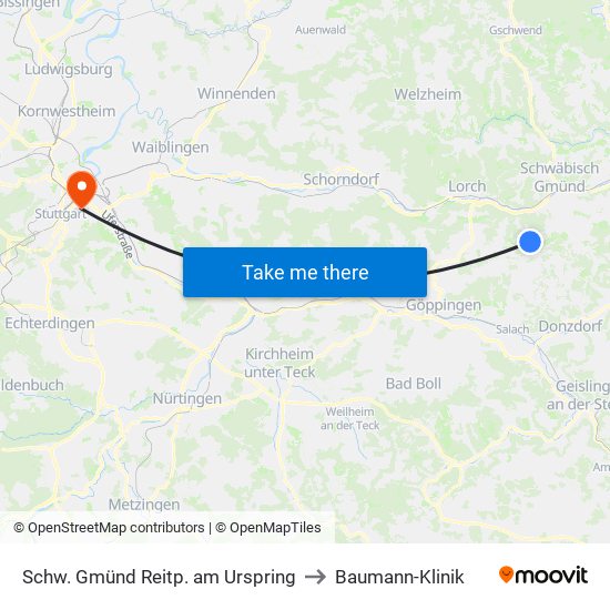 Schw. Gmünd Reitp. am Urspring to Baumann-Klinik map