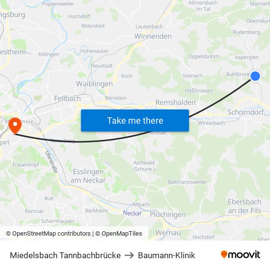 Miedelsbach Tannbachbrücke to Baumann-Klinik map