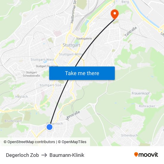 Degerloch Zob to Baumann-Klinik map