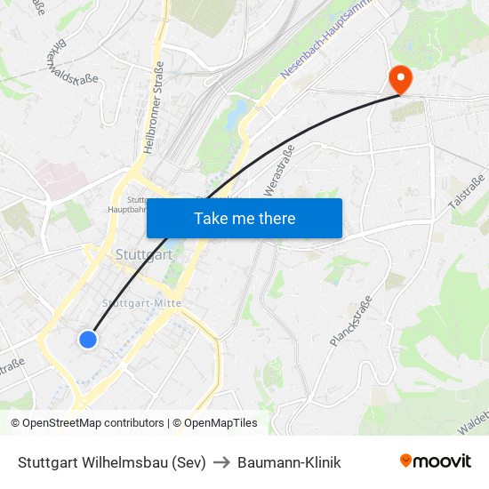 Stuttgart Wilhelmsbau (Sev) to Baumann-Klinik map