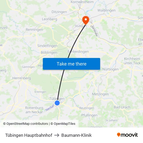Tübingen Hauptbahnhof to Baumann-Klinik map