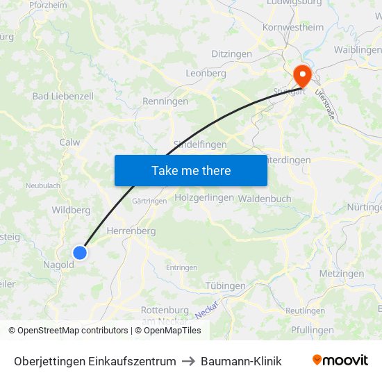 Oberjettingen Einkaufszentrum to Baumann-Klinik map