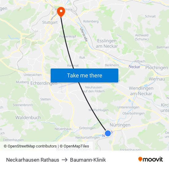 Neckarhausen Rathaus to Baumann-Klinik map