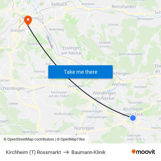 Kirchheim (T) Rossmarkt to Baumann-Klinik map