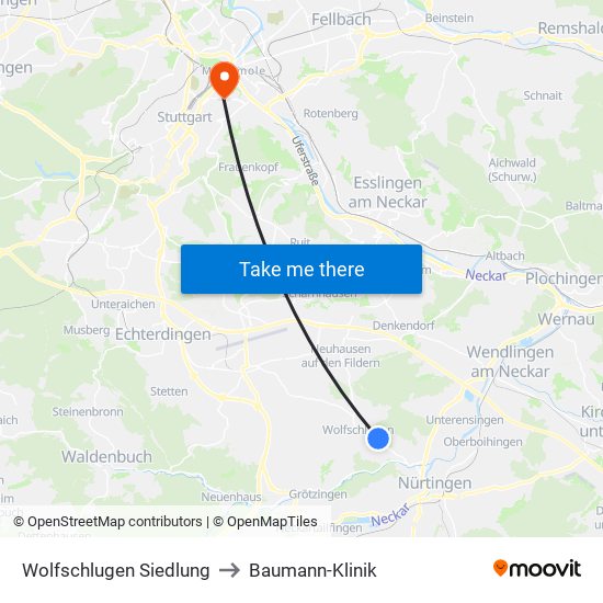 Wolfschlugen Siedlung to Baumann-Klinik map