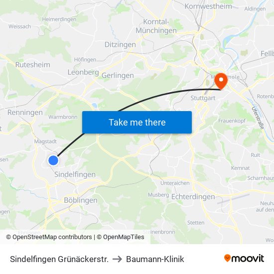 Sindelfingen Grünäckerstr. to Baumann-Klinik map