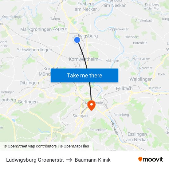 Ludwigsburg Groenerstr. to Baumann-Klinik map
