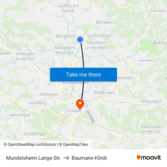 Mundelsheim Lange Str. to Baumann-Klinik map