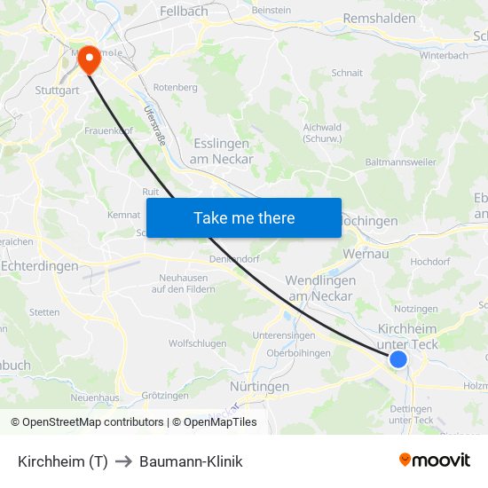 Kirchheim (T) to Baumann-Klinik map