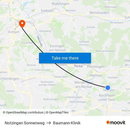 Notzingen Sonnenweg to Baumann-Klinik map