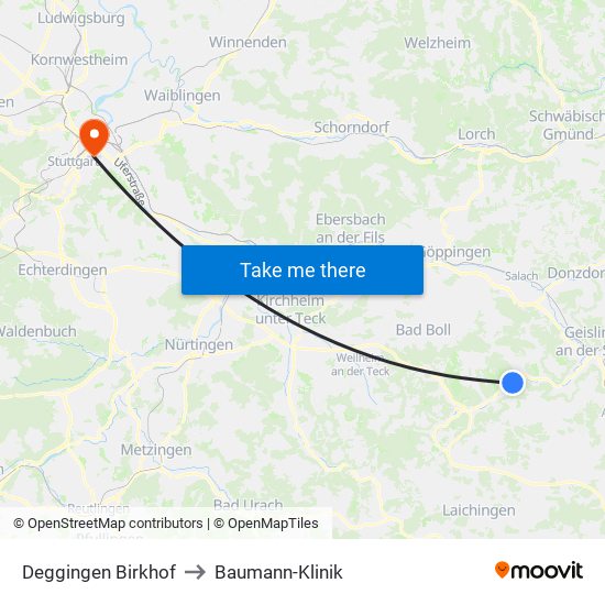Deggingen Birkhof to Baumann-Klinik map