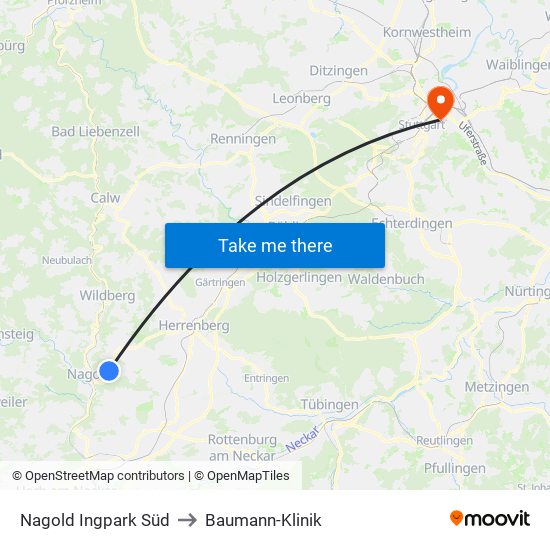 Nagold Ingpark Süd to Baumann-Klinik map