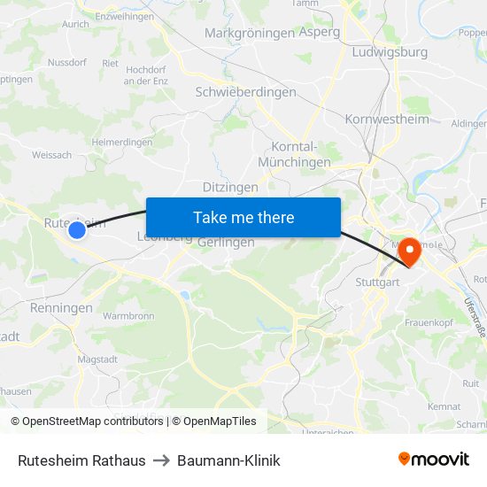 Rutesheim Rathaus to Baumann-Klinik map