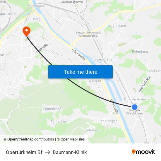 Obertürkheim Bf to Baumann-Klinik map