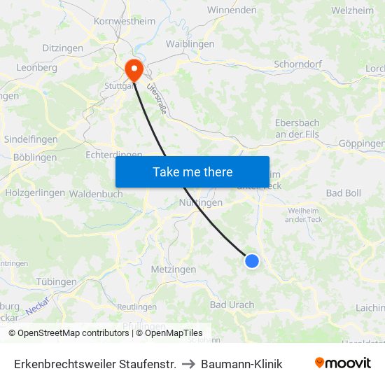 Erkenbrechtsweiler Staufenstr. to Baumann-Klinik map
