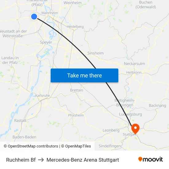 Ruchheim Bf to Mercedes-Benz Arena Stuttgart map