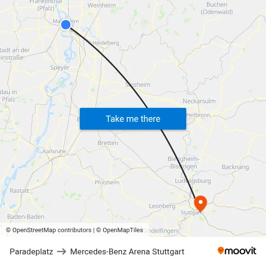 Paradeplatz to Mercedes-Benz Arena Stuttgart map