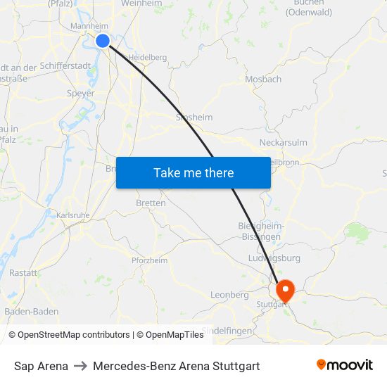 Sap Arena to Mercedes-Benz Arena Stuttgart map