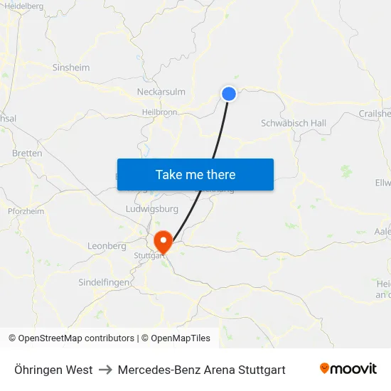 Öhringen West to Mercedes-Benz Arena Stuttgart map