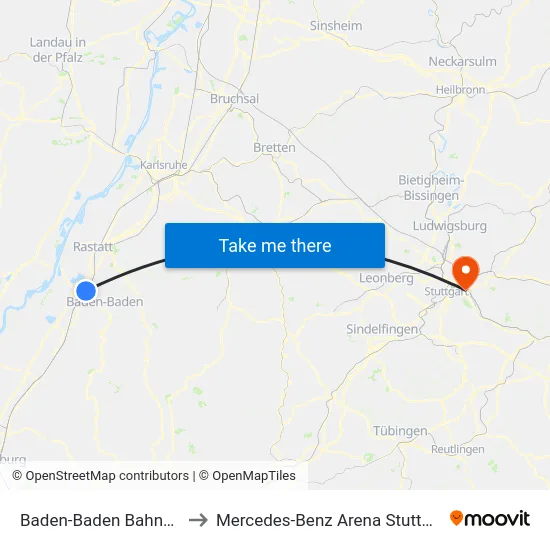 Baden-Baden Bahnhof to Mercedes-Benz Arena Stuttgart map