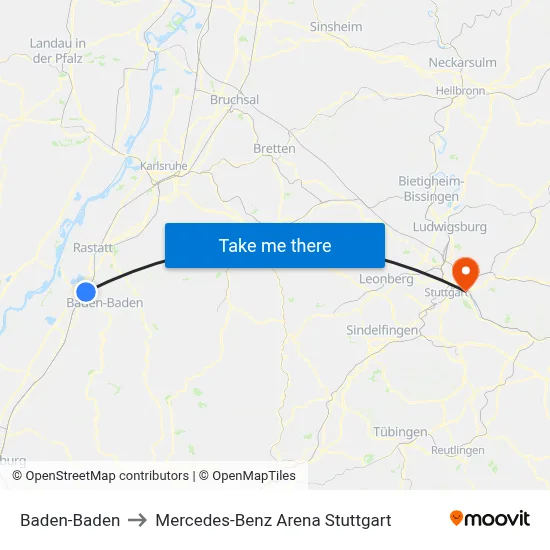 Baden-Baden to Mercedes-Benz Arena Stuttgart map