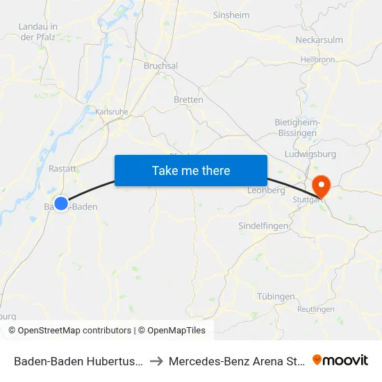 Baden-Baden Hubertusstraße to Mercedes-Benz Arena Stuttgart map