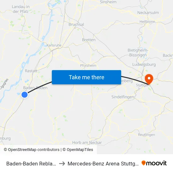 Baden-Baden Rebland to Mercedes-Benz Arena Stuttgart map