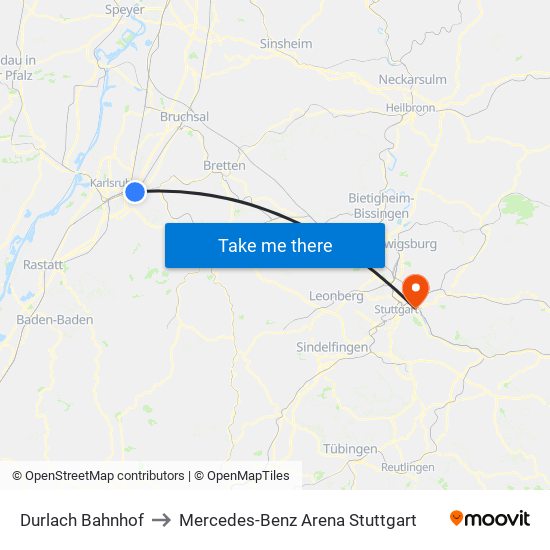 Durlach Bahnhof to Mercedes-Benz Arena Stuttgart map