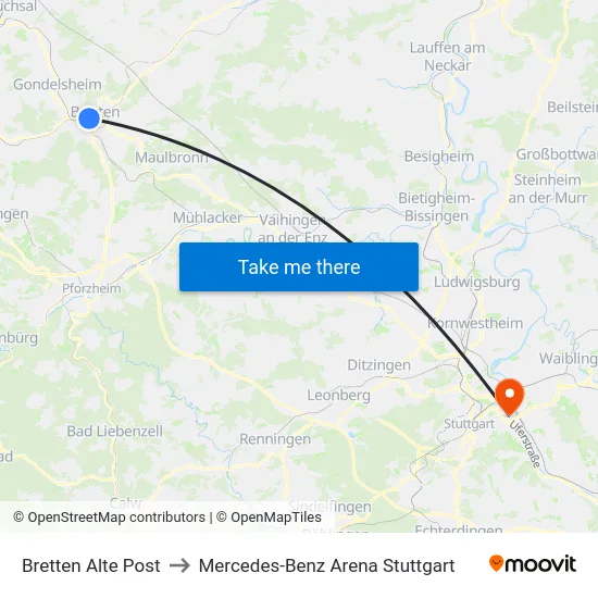 Bretten Alte Post to Mercedes-Benz Arena Stuttgart map