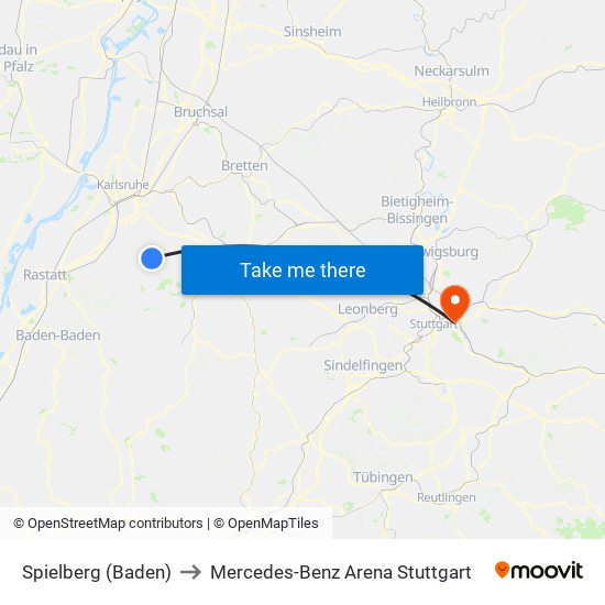 Spielberg (Baden) to Mercedes-Benz Arena Stuttgart map