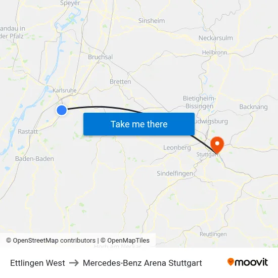 Ettlingen West to Mercedes-Benz Arena Stuttgart map