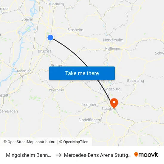 Mingolsheim Bahnhof to Mercedes-Benz Arena Stuttgart map