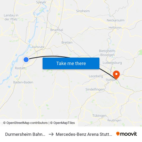 Durmersheim Bahnhof to Mercedes-Benz Arena Stuttgart map