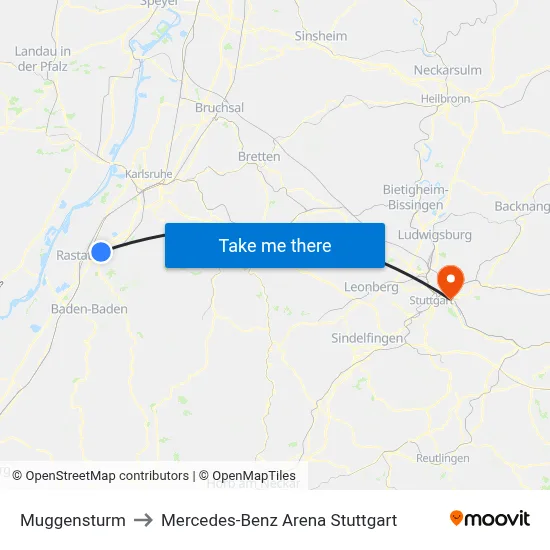 Muggensturm to Mercedes-Benz Arena Stuttgart map
