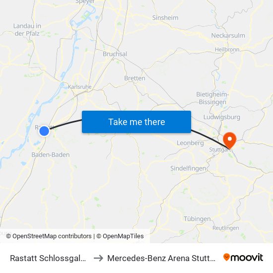 Rastatt Schlossgalerie to Mercedes-Benz Arena Stuttgart map